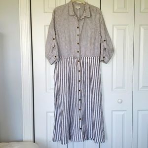 J. Jill Love Linen Neutral Tan Striped Mixed Print Lightweight Button Front Maxi